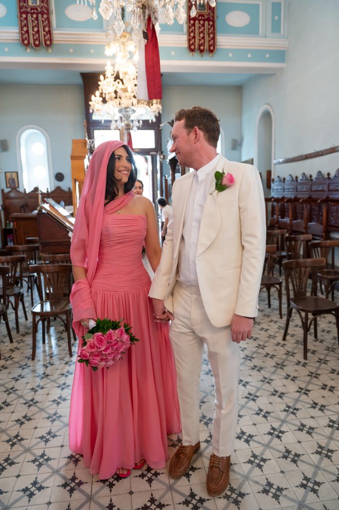 The couple after the church wedding ceremony in Ithaca Greece, Stavros