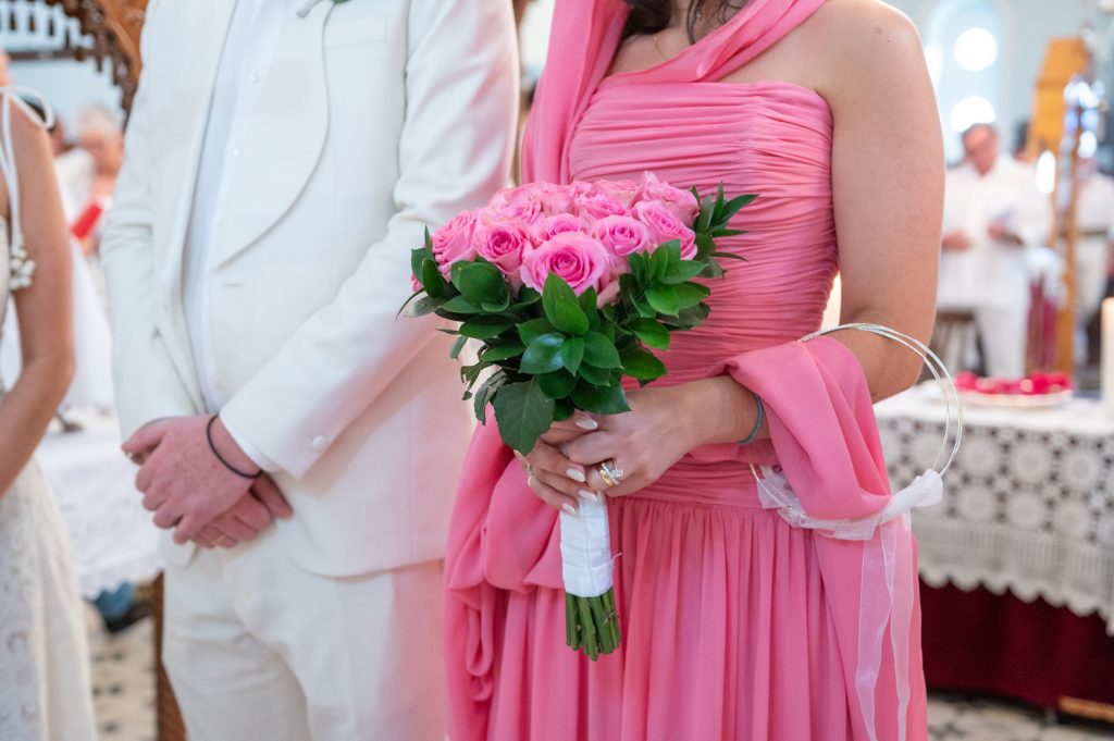 Bride bouquet detail at religious wedding in Ithaca Greece, Stavros