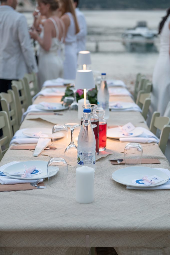 Table setting at waterfront wedding reception in Ithaca Greece, Frikes