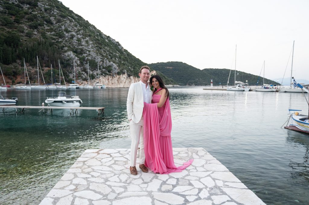 Bride and groom at waterfront wedding in Ithaca Greece, Frikes