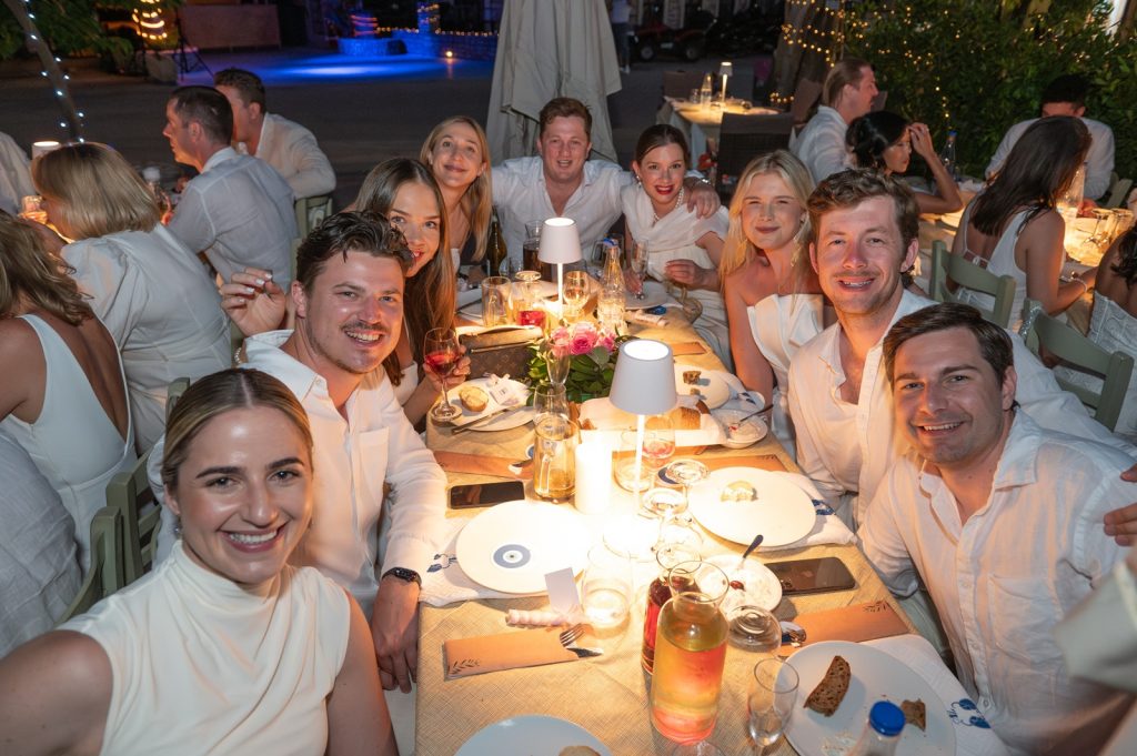 Guests table at greek wedding reception in Ithaca Greece, Frikes