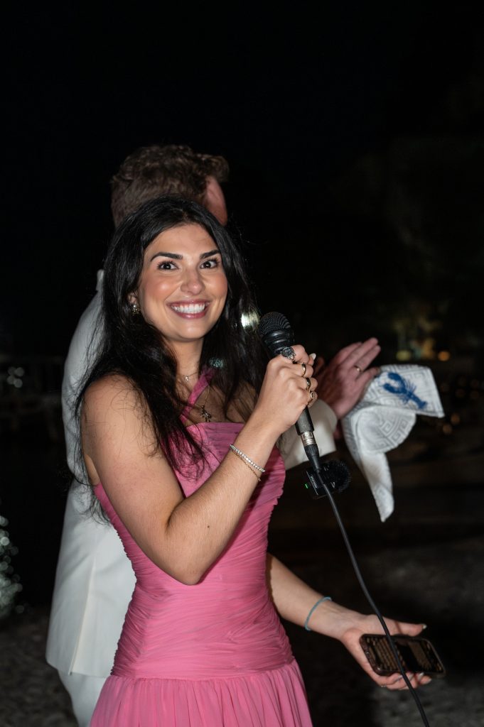 Bride speech at waterfront wedding reception in Ithaca Greece, Frikes