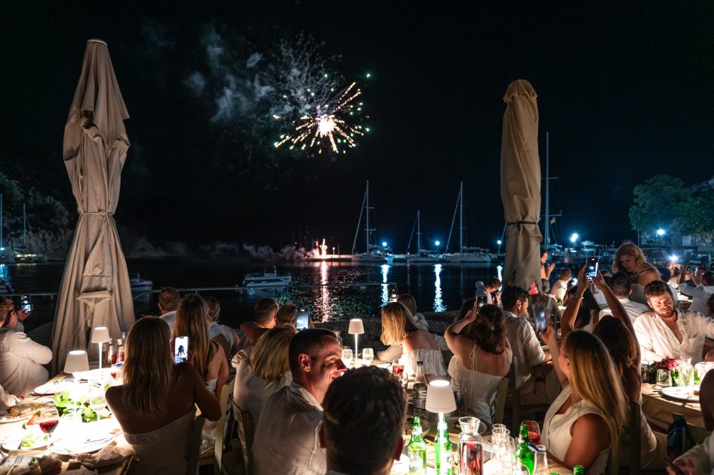 Fireworks at Greek wedding reception in Ithaca Greece, Frikes