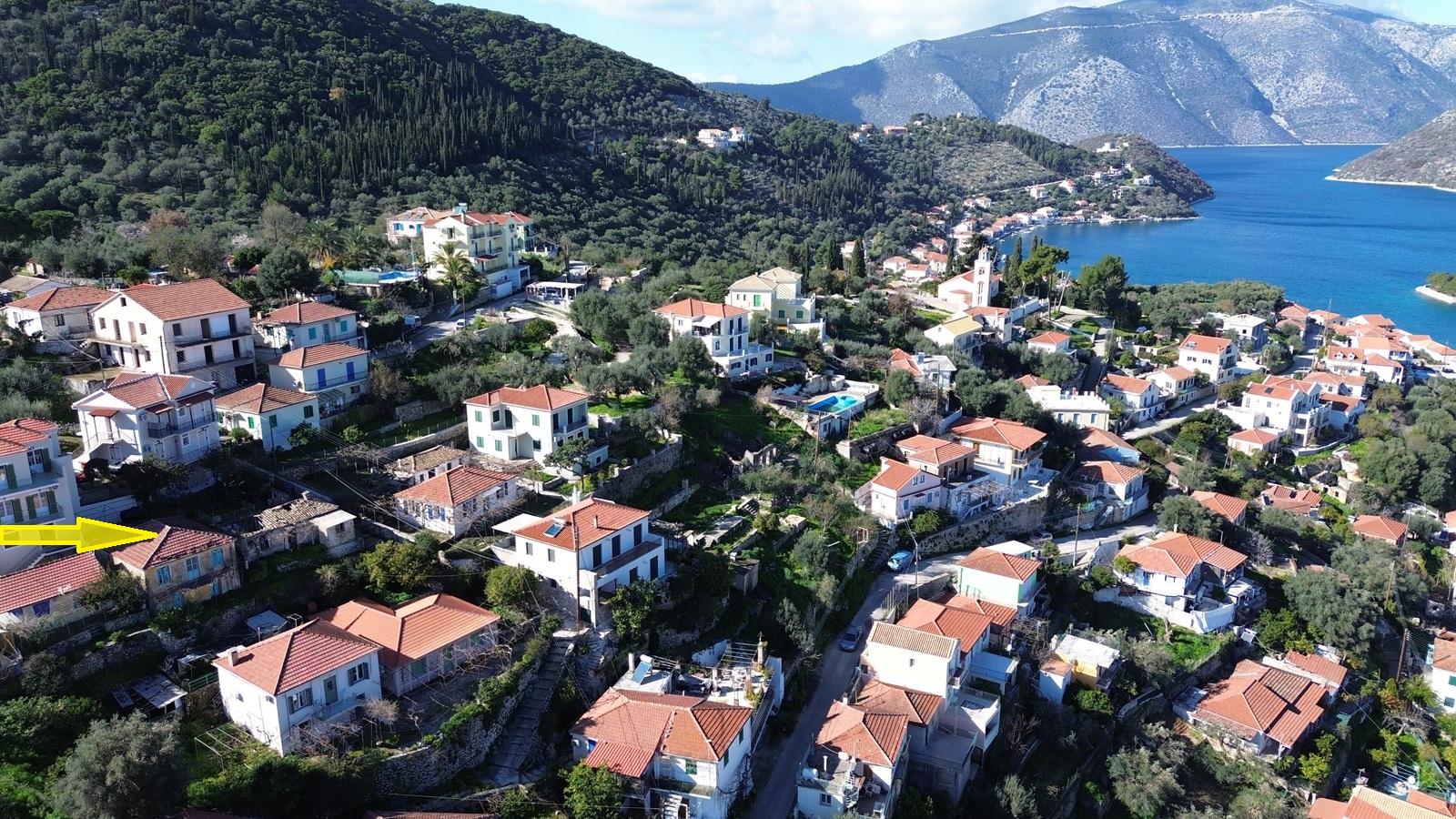 Aerial view and location of house for sale in Ithaca Greece, Vathi