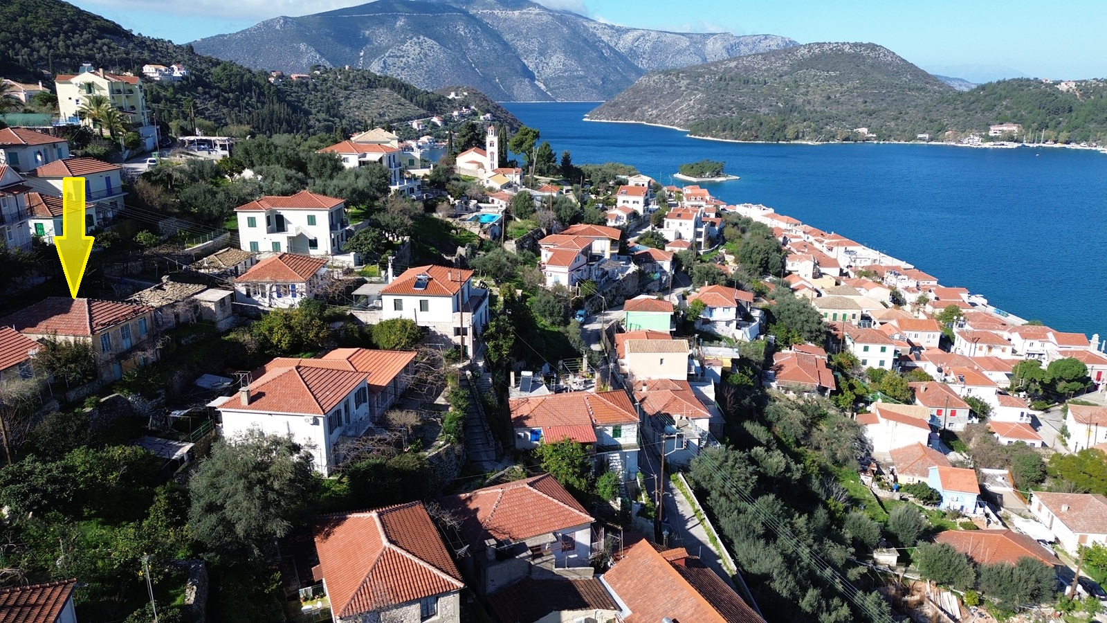 Aerial view and location of house for sale in Ithaca Greece, Vathi