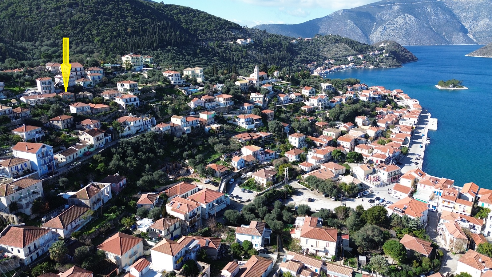 Aerial view and location of house for sale in Ithaca Greece, Vathi