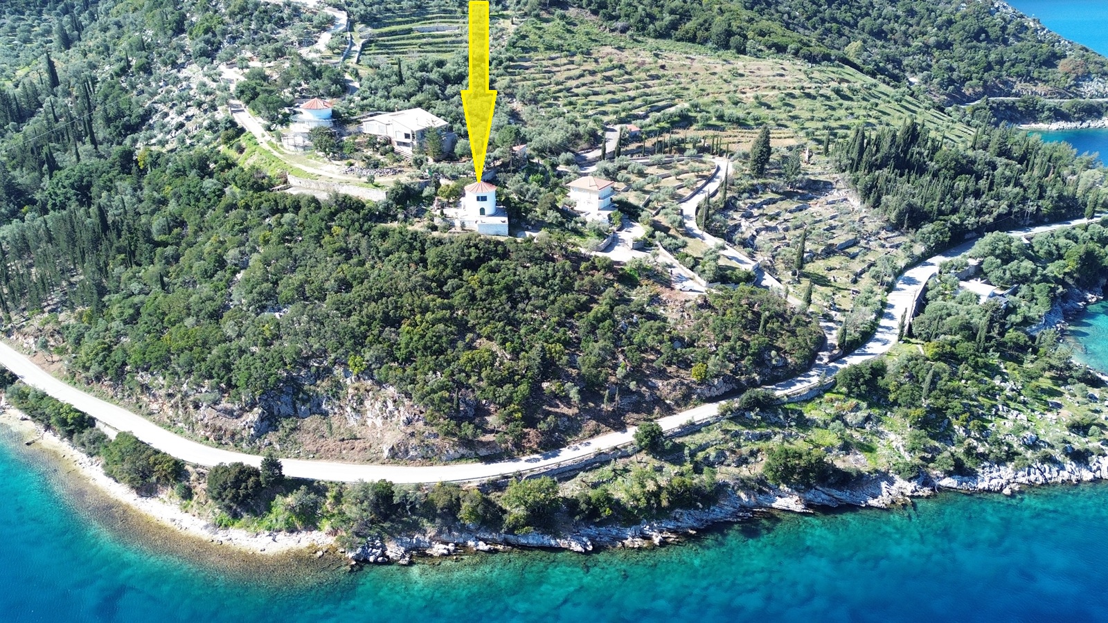 Aerial view and location of house for sale in Ithaca Greece, Vathi