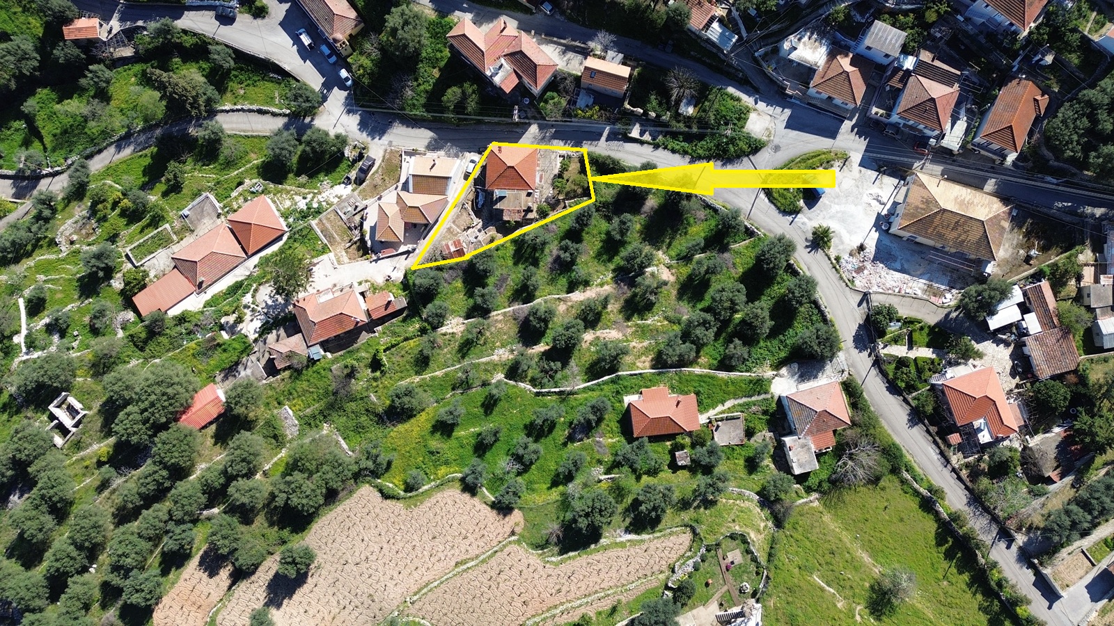 Aerial view with location and border of house for sale in Ithaca Greece, Perachori