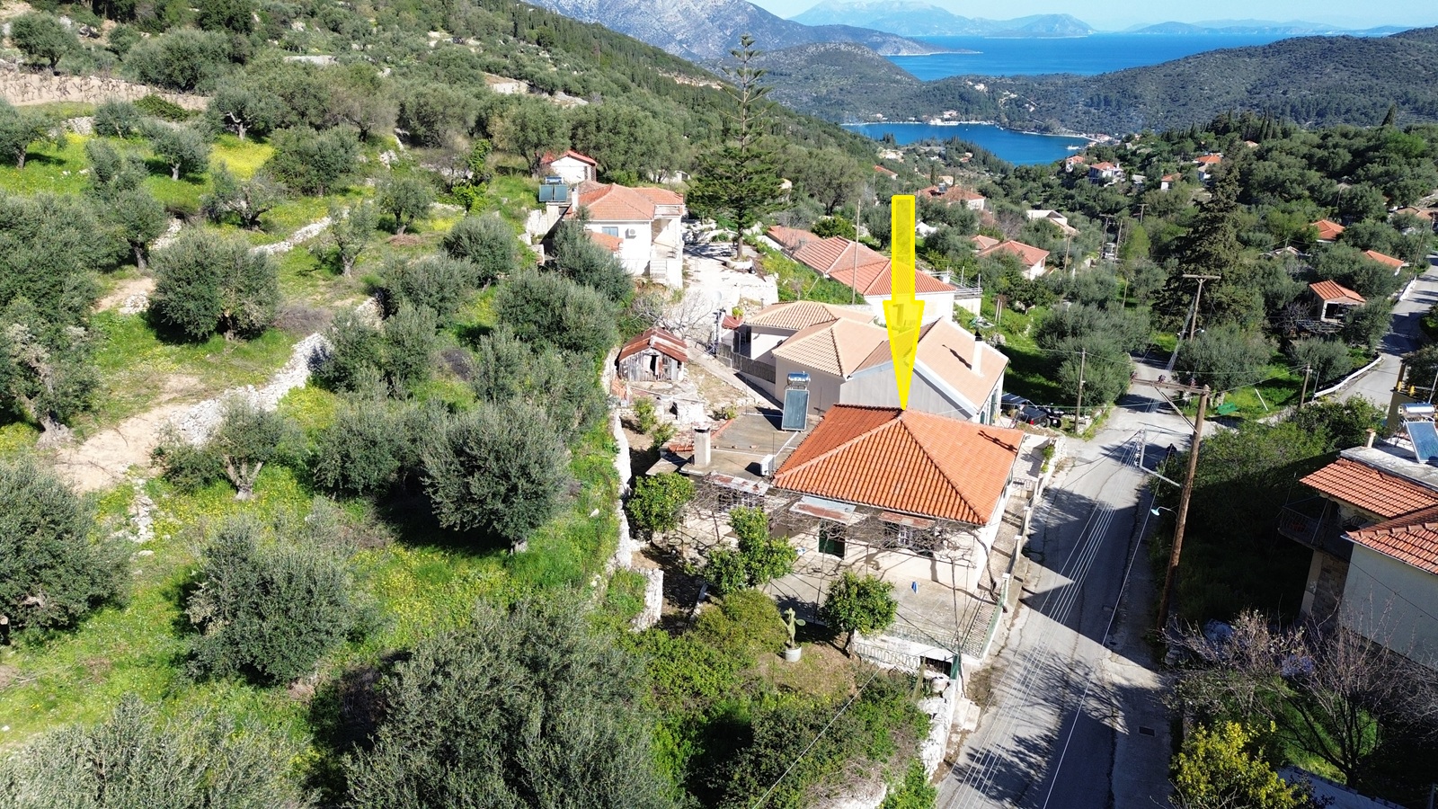 Aerial view and location of house for sale in Ithaca Greece, Perachori