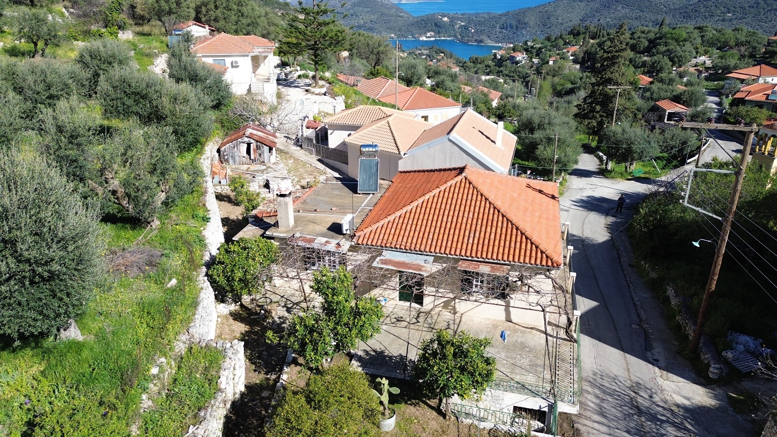 Aerial view of house for sale in Ithaca Greece, Perachori