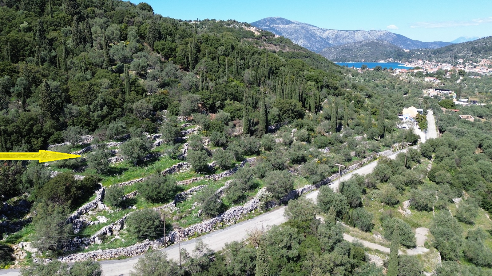 Aerial view and location of land for sale in Ithaca Greece, Vathi
