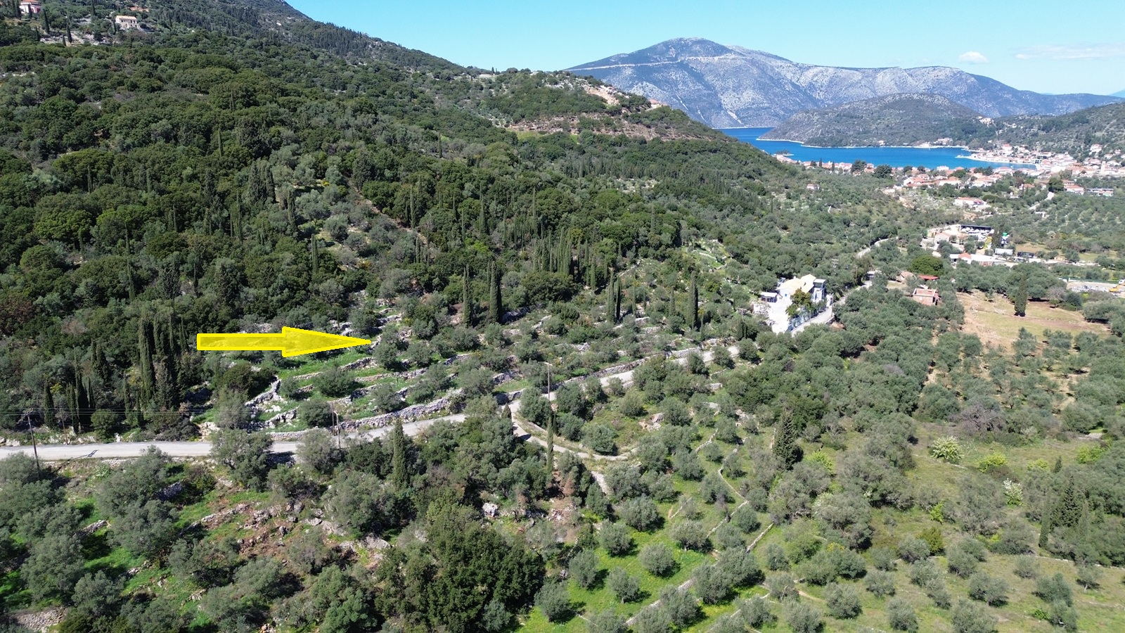 Aerial view and location of land for sale in Ithaca Greece, Vathi