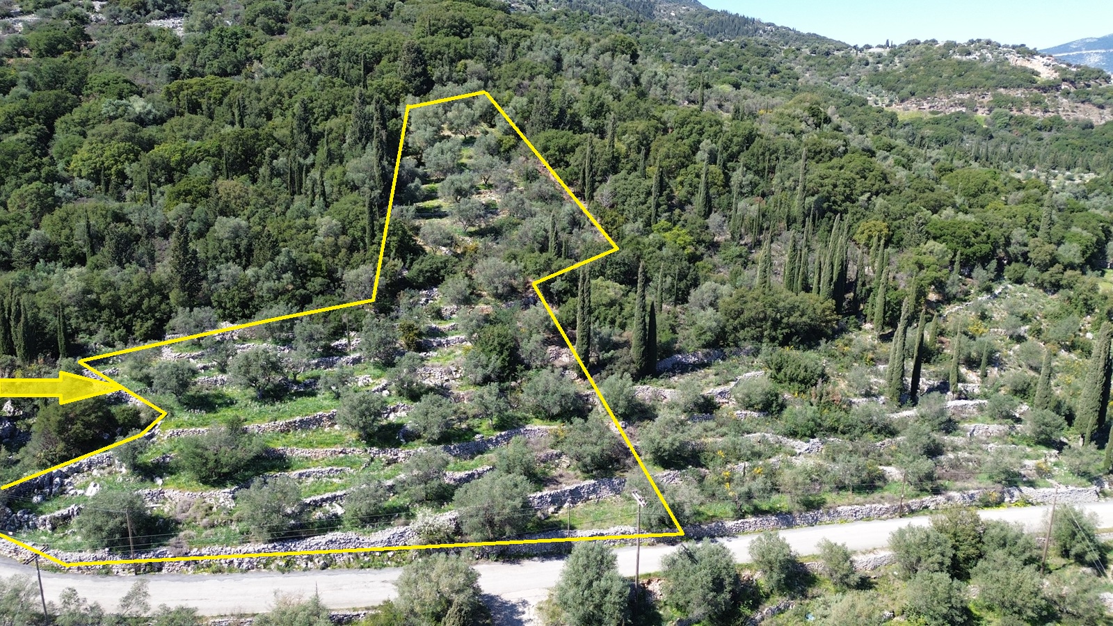 Aerial view and border of land for sale in Ithaca Greece, Vathi