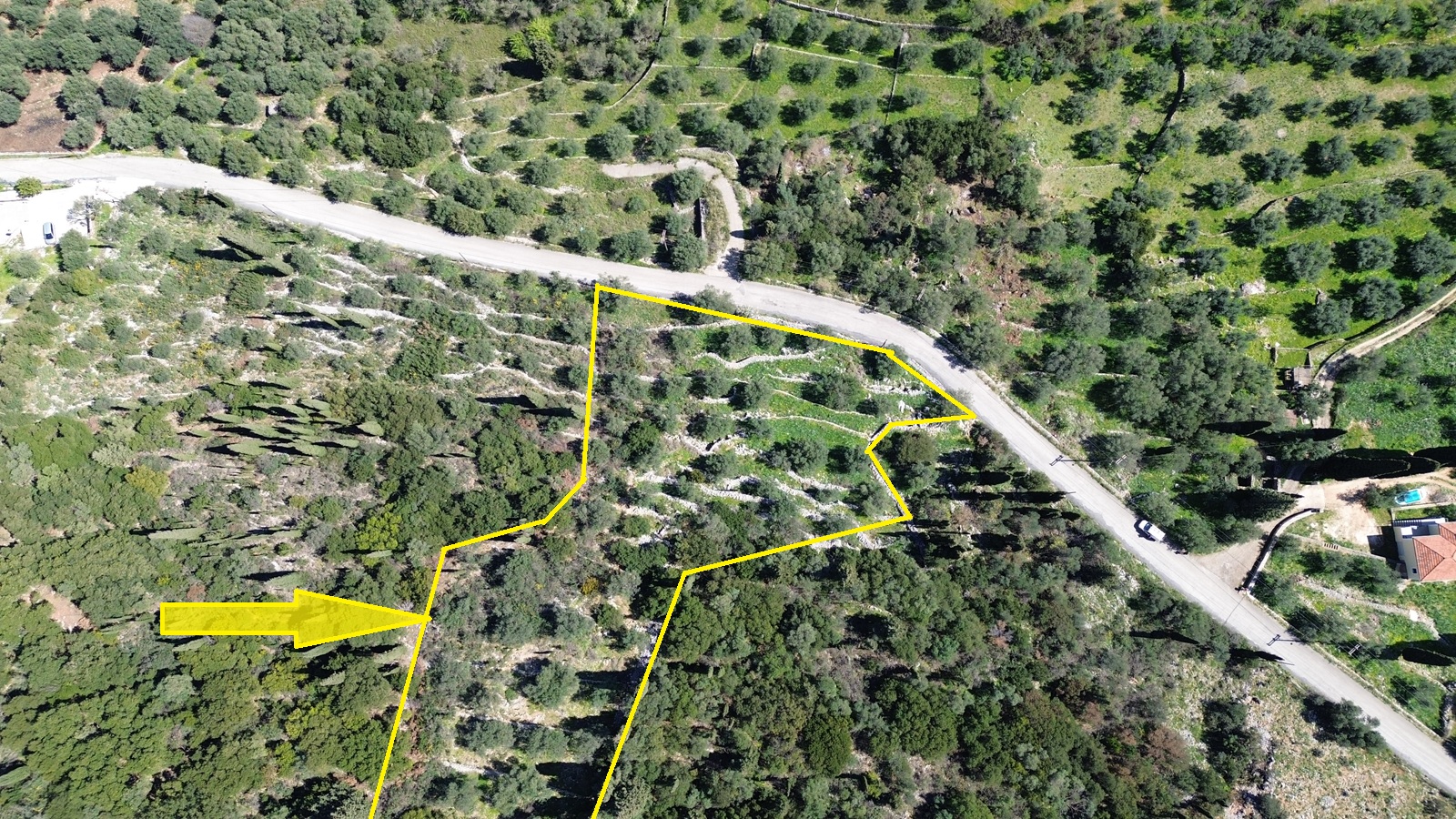 Aerial view and border of land for sale in Ithaca Greece, Vathi