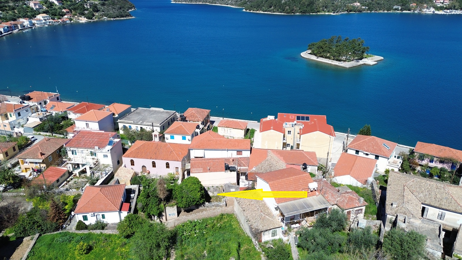 Aerial view and location of land for sale in Ithaca Greece, Vathi