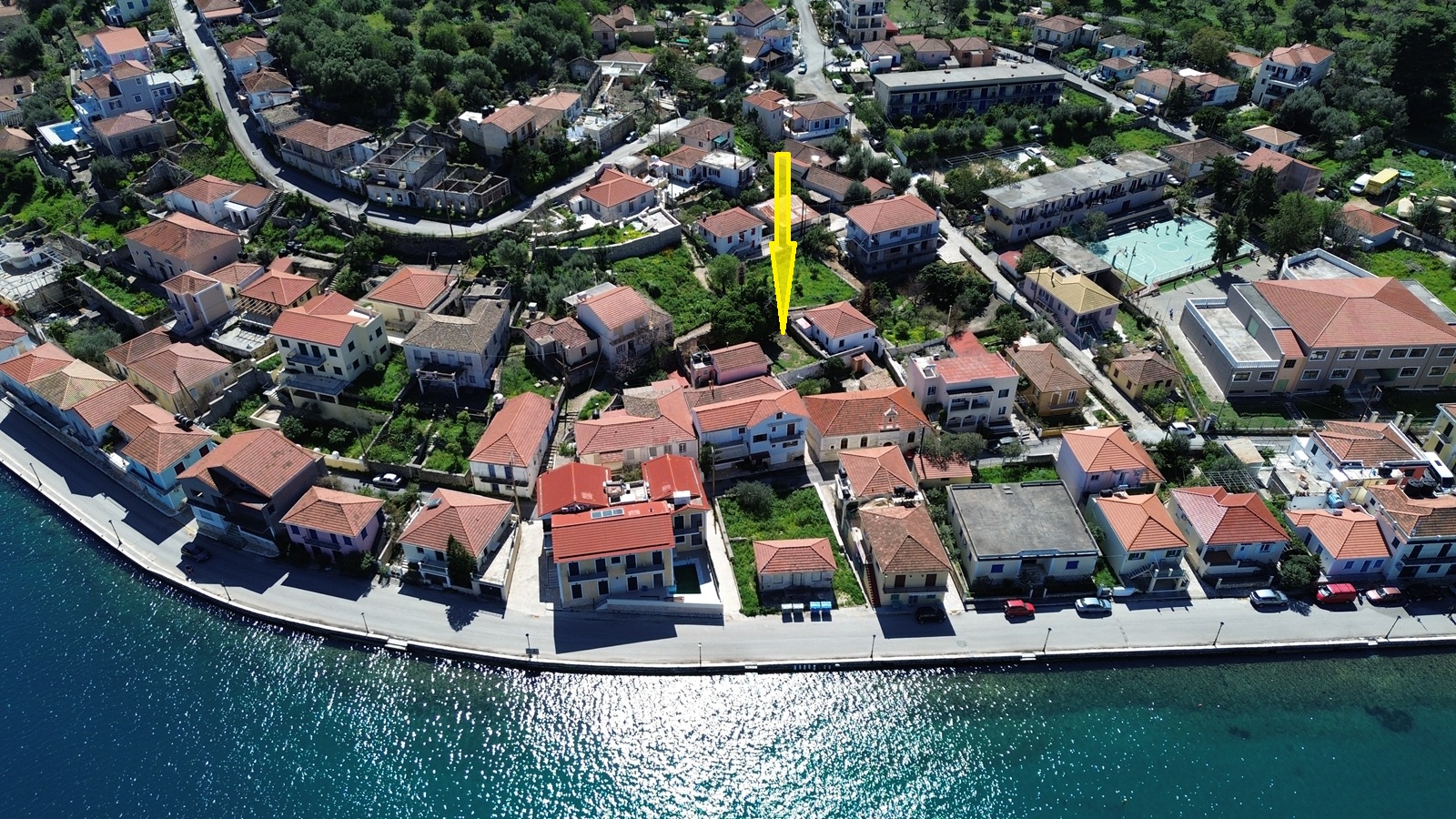 Aerial view and location of land for sale in Ithaca Greece, Vathi