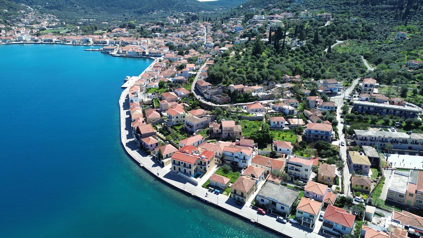 General aerial view of area of land for sale in Ithaca Greece, Vathi