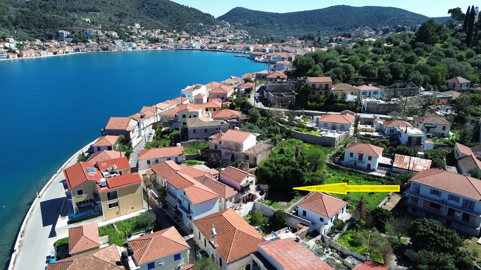 Aerial view and location of land for sale in Ithaca Greece, Vathi