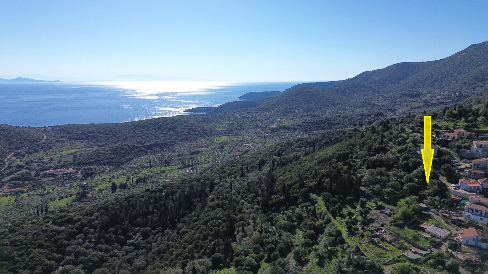 Aerial view and location of land for sale in Ithaca Greece, Perachori