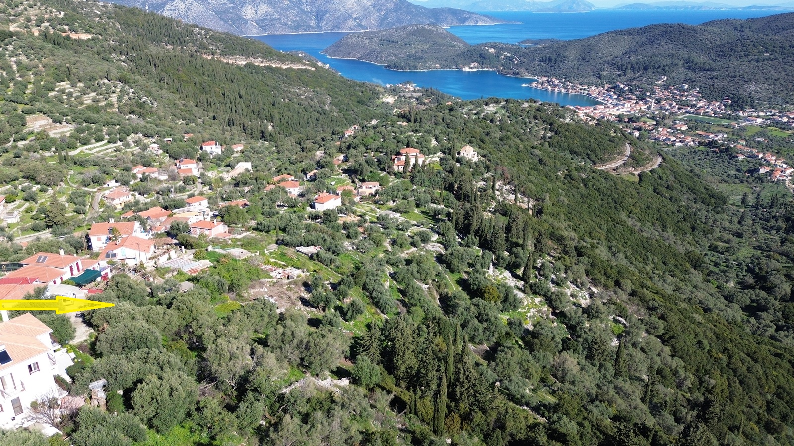 Aerial view and location of land for sale in Ithaca Greece, Perachori