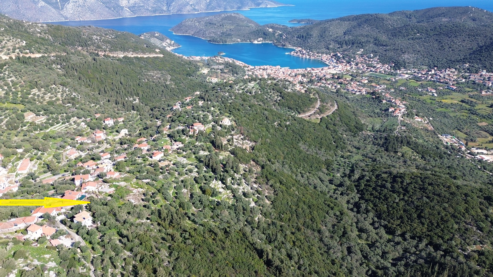 Aerial view and location of land for sale in Ithaca Greece, Perachori
