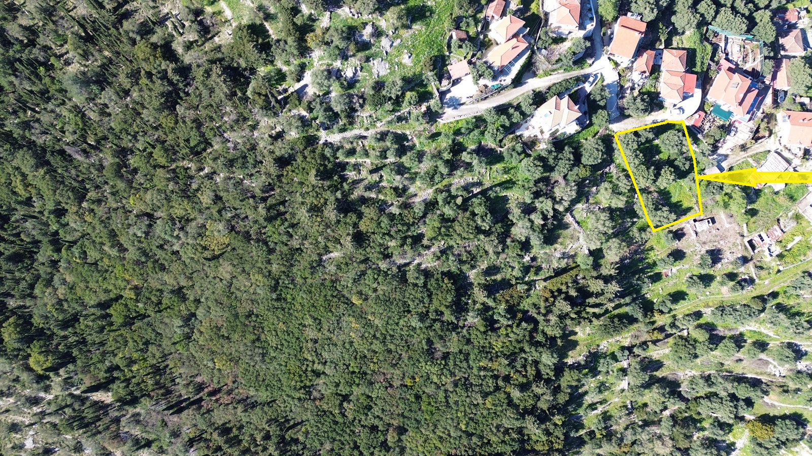 Aerial view with location and border of land for sale in Ithaca Greece, Perachori