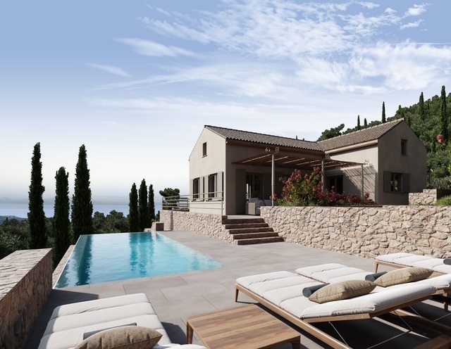3D rendition of villa on land with building license for sale in Ithaca Greece, Vathi