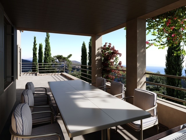 3D rendition of villa on land with building license for sale in Ithaca Greece, Vathi