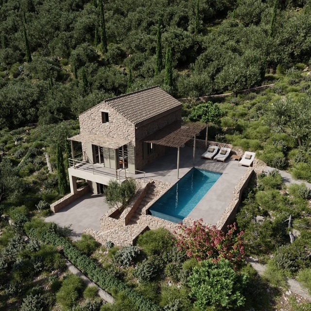3D rendition of villa on land with building license for sale in Ithaca Greece, Vathi