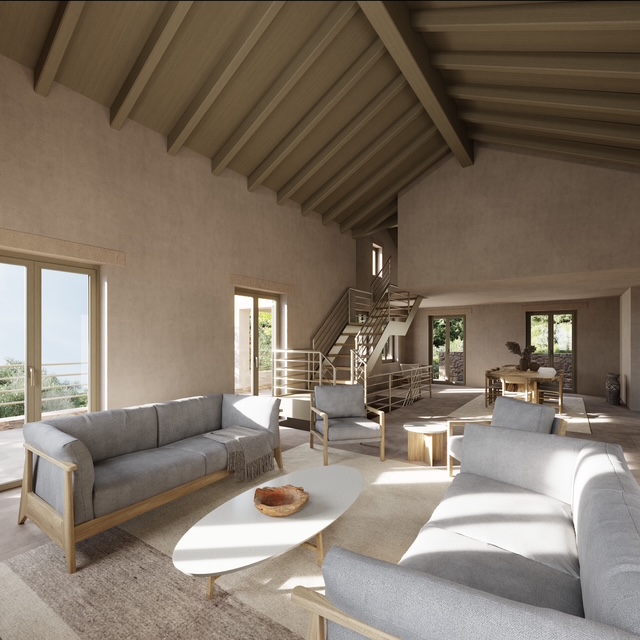 3D rendition of villa interior on land with building license for sale in Ithaca Greece, Vathi