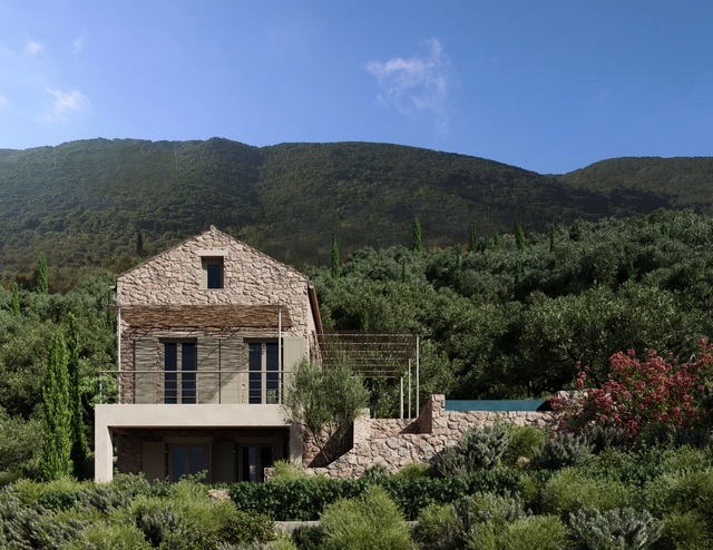 3D rendition of villa on land with building license for sale in Ithaca Greece, Vathi