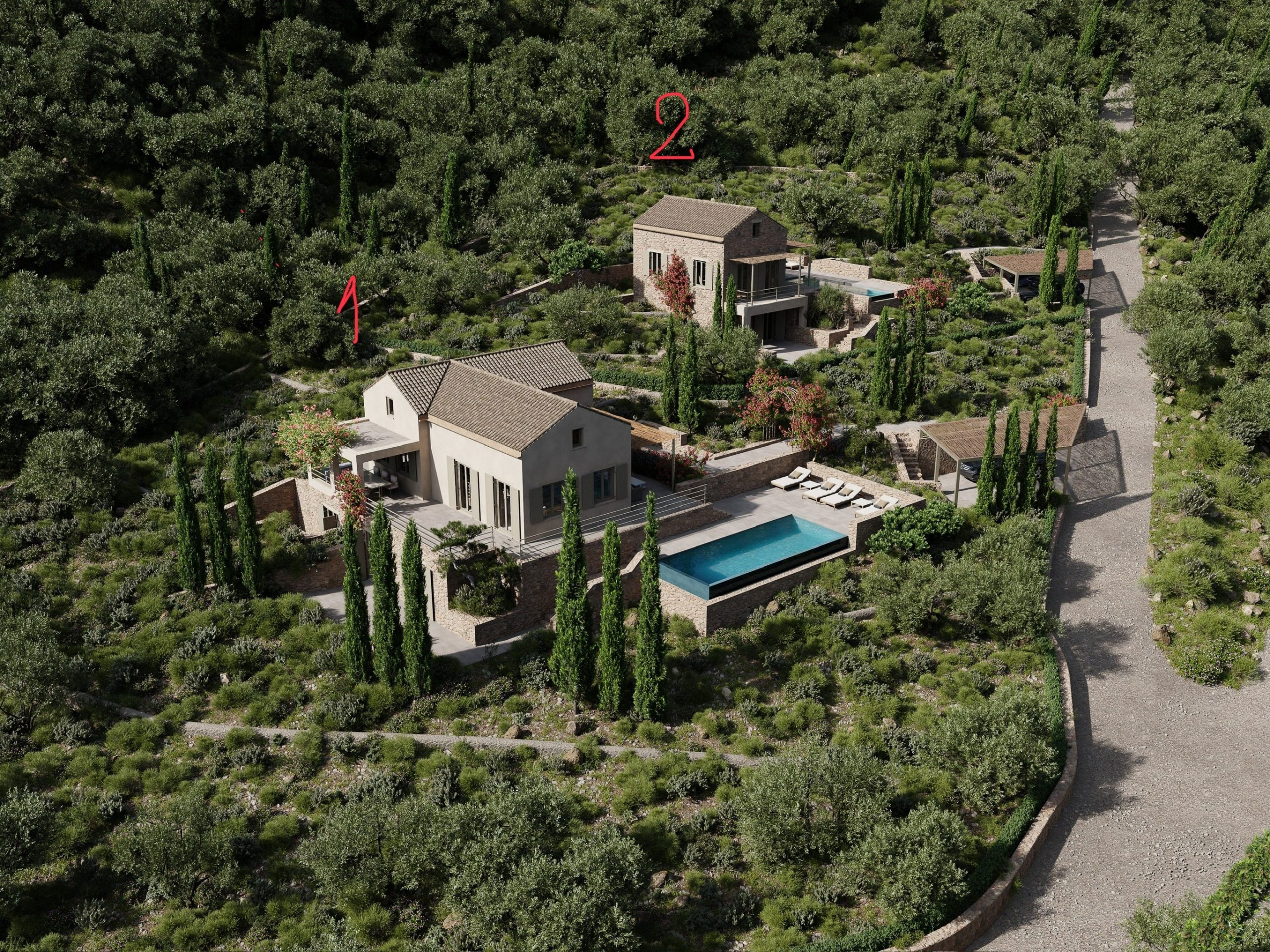 3D rendition of villas on land with building license for sale in Ithaca Greece, Vathi