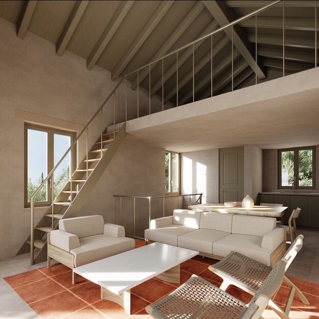3D rendition of villa interior on land with building license for sale in Ithaca Greece, Vathi