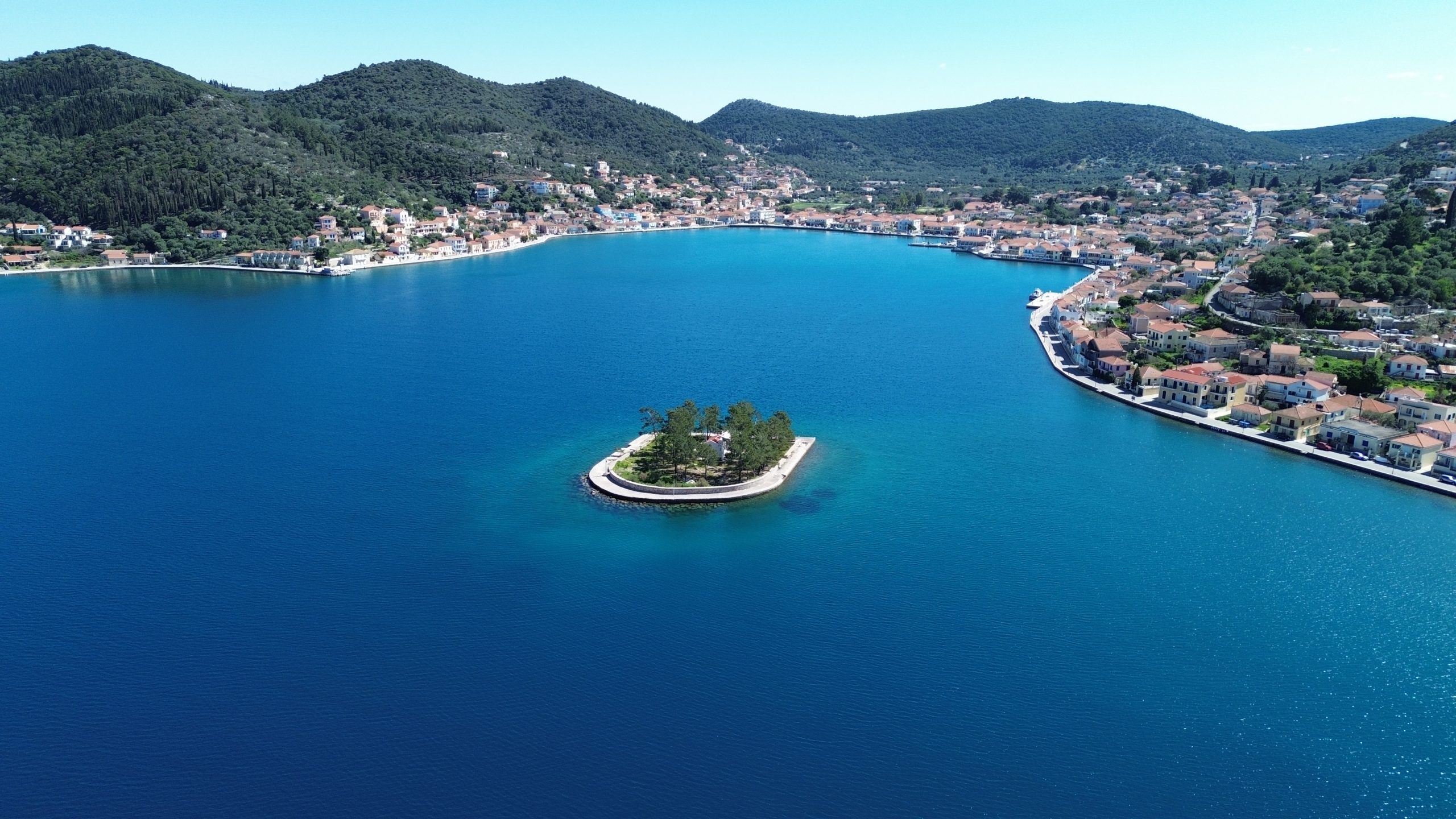 Aerial view of the bay with ruin for sale in Ithaca Greece, Vathi
