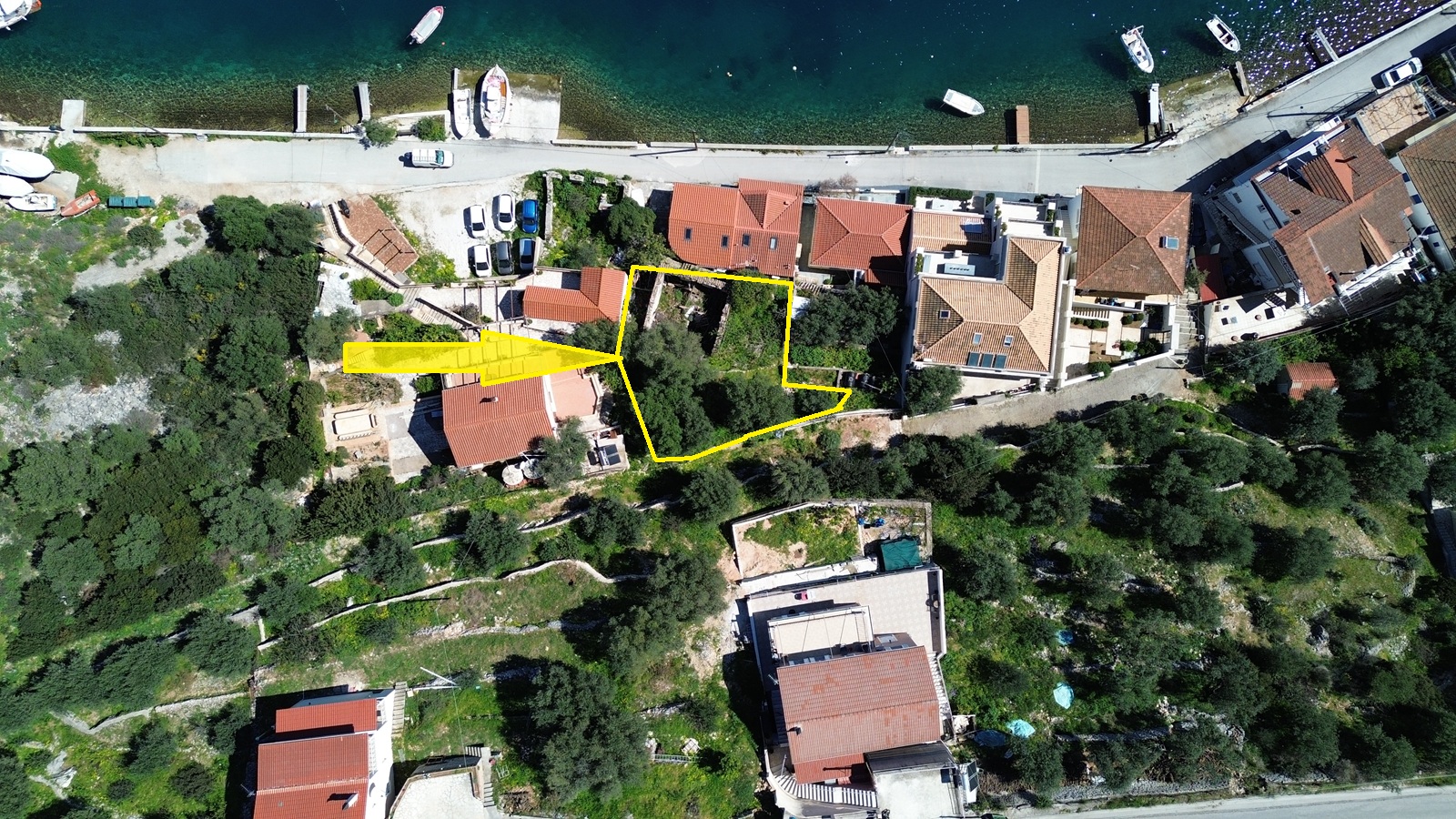Aerial view with location and border of ruin for sale in Ithaca Greece, Vathi