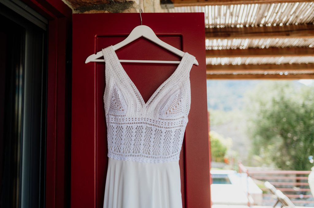 Bride dress detail for wedding in Ithaca Greece, Vathi