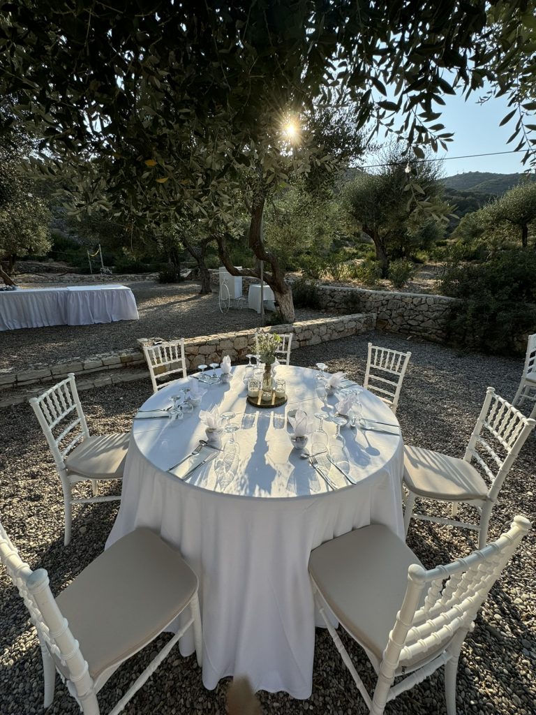 Table arrangement at waterfront wedding reception in Ithaca Greece, Vathi