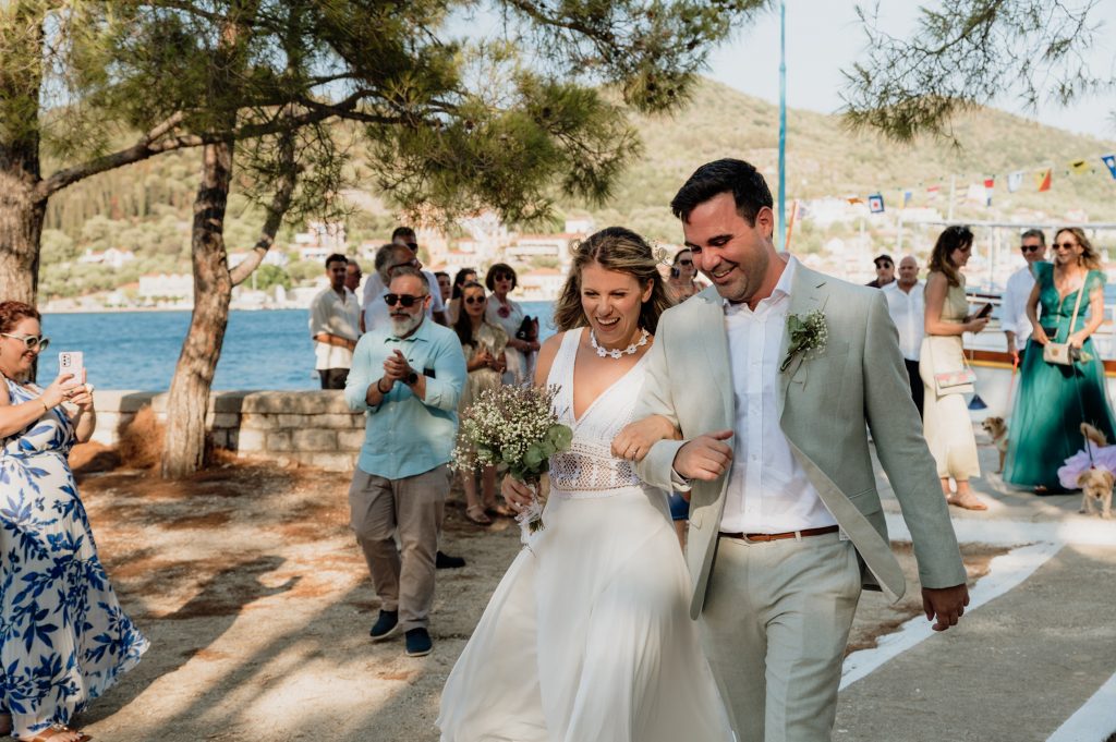 Religious wedding ceremony at Lazareto chapel in Ithaca Greece, Vathi