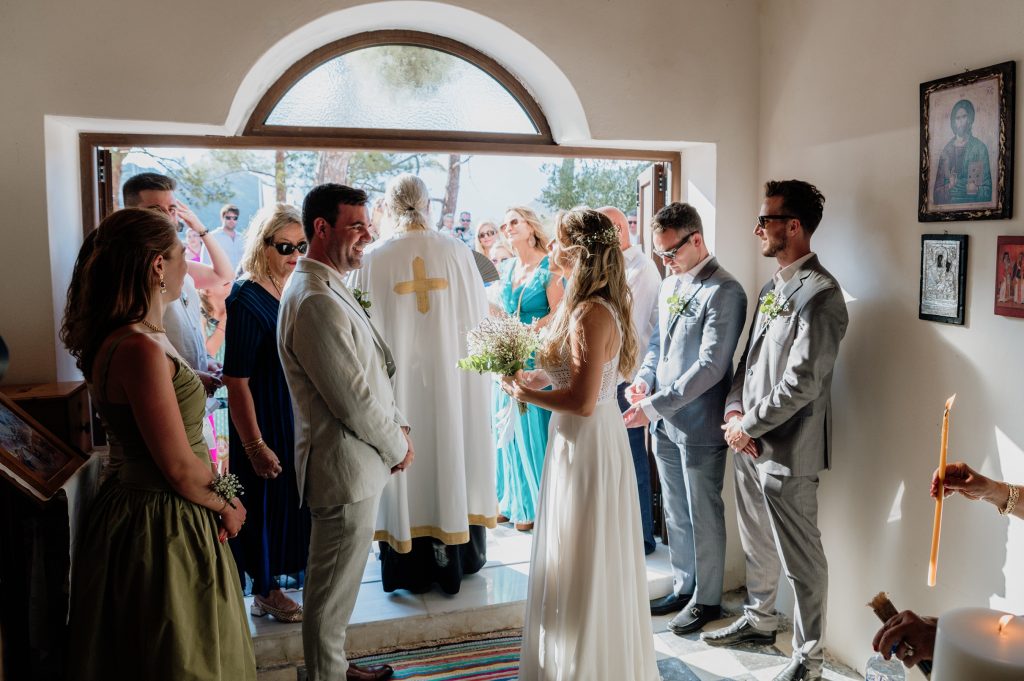 Religious wedding ceremony at Lazareto chapel in Ithaca Greece, Vathi