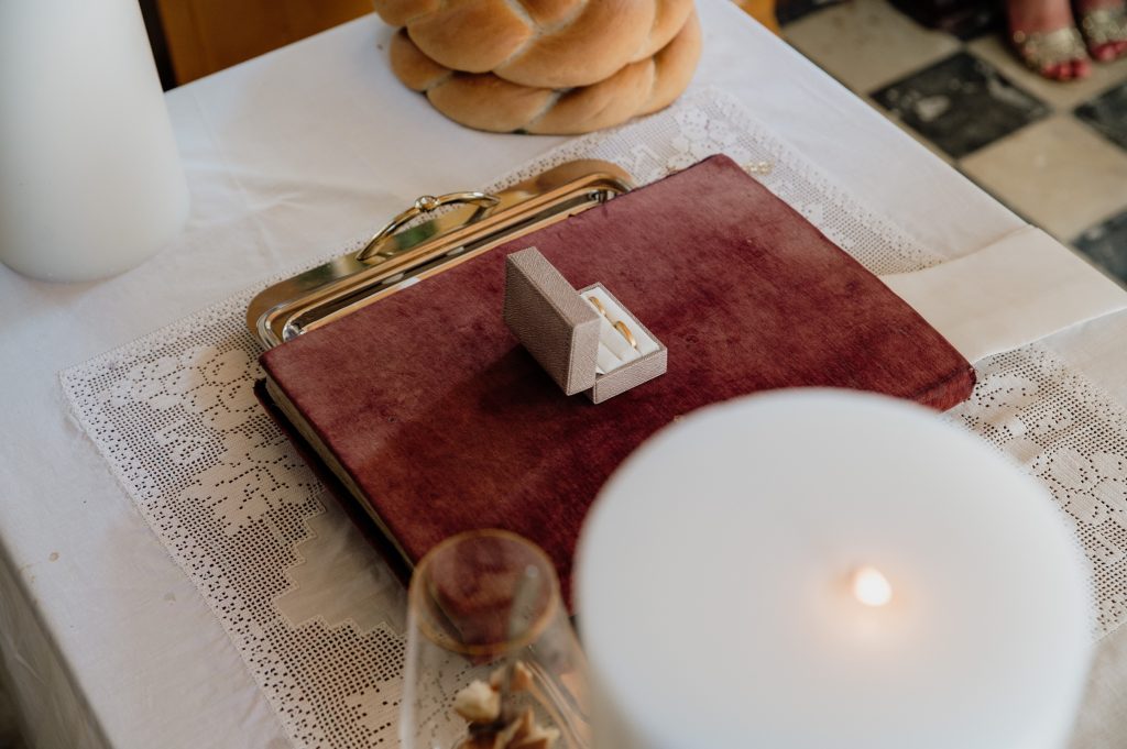 Religious wedding ceremony at Lazareto chapel in Ithaca Greece, Vathi