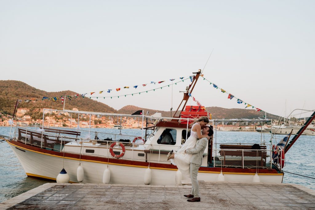 After the wedding ceremony at Lazareto chapel in Ithaca Greece, Vathi