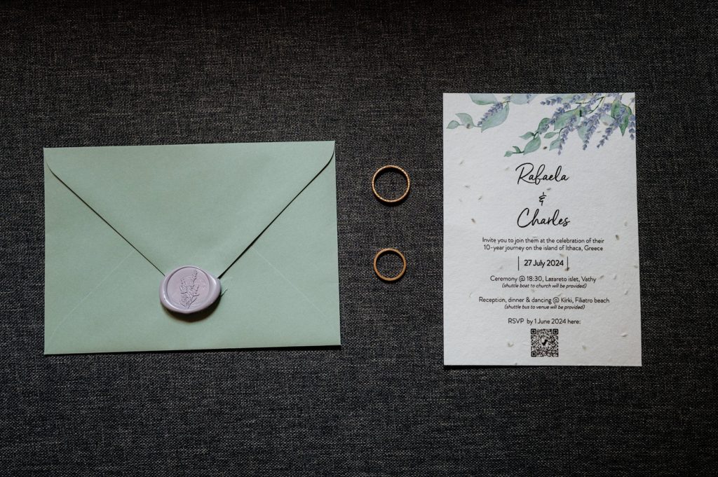 Invitation and wedding rings for wedding in Ithaca Greece, Vathi
