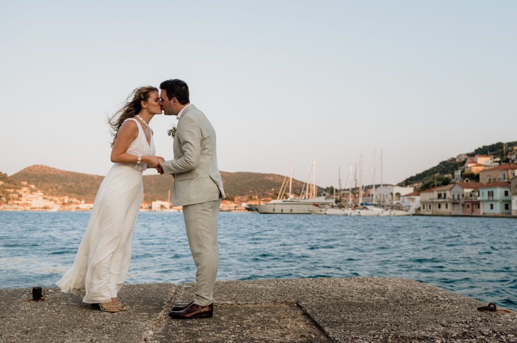 After the wedding ceremony at Lazareto chapel in Ithaca Greece, Vathi