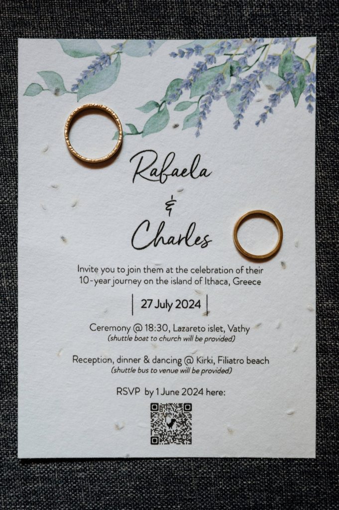 Invitation and wedding rings for wedding in Ithaca Greece, Vathi