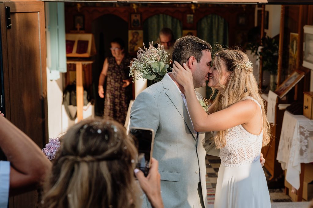 Religious wedding ceremony at Lazareto chapel in Ithaca Greece, Vathi