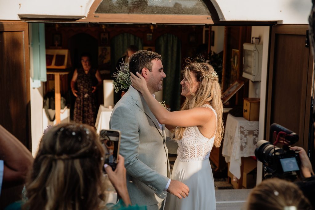 Religious wedding ceremony at Lazareto chapel in Ithaca Greece, Vathi