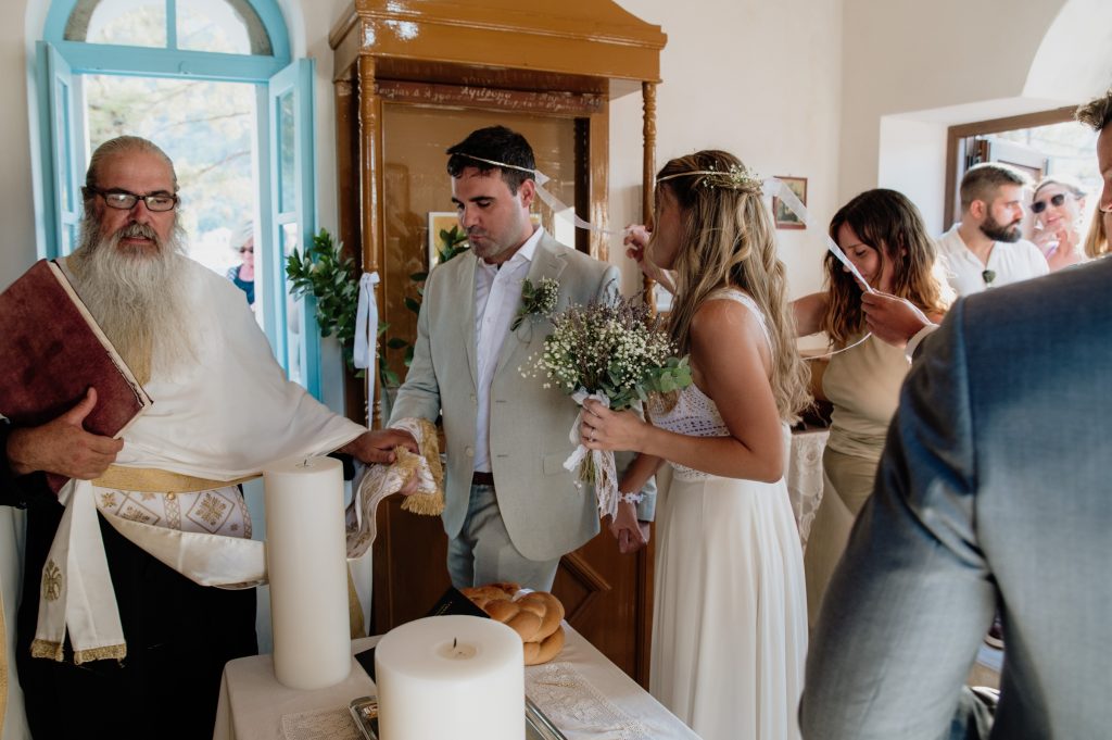 Religious wedding ceremony at Lazareto chapel in Ithaca Greece, Vathi