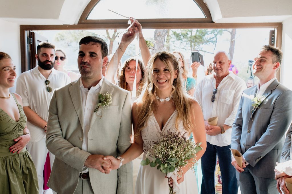 Religious wedding ceremony at Lazareto chapel in Ithaca Greece, Vathi
