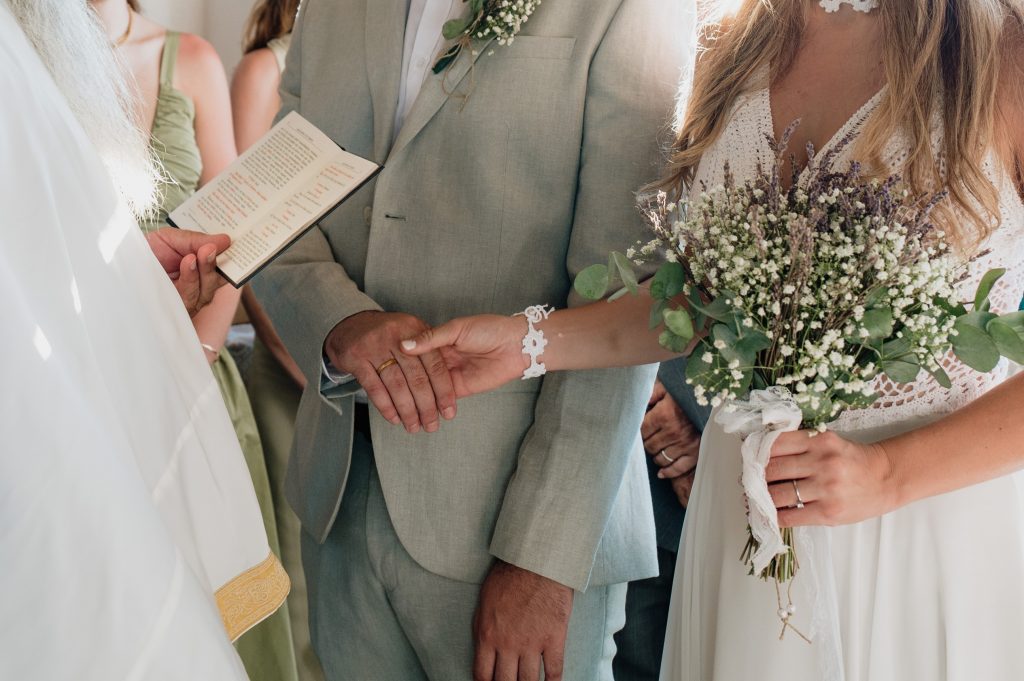 Religious wedding ceremony at Lazareto chapel in Ithaca Greece, Vathi