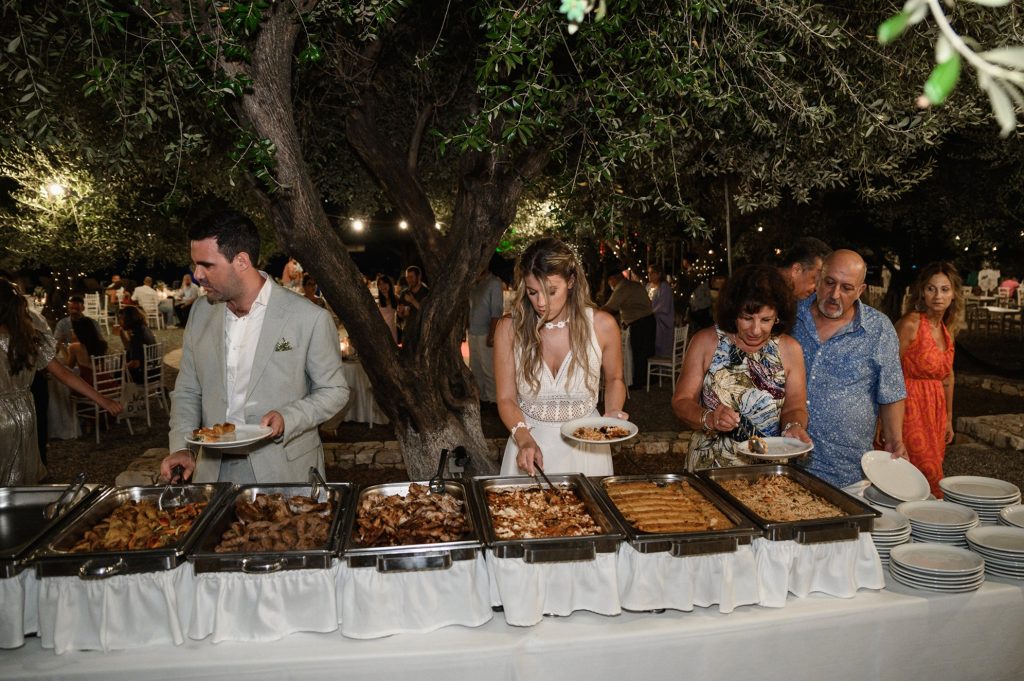 Catering buffet at beach wedding party in Ithaca Greece, Vathi